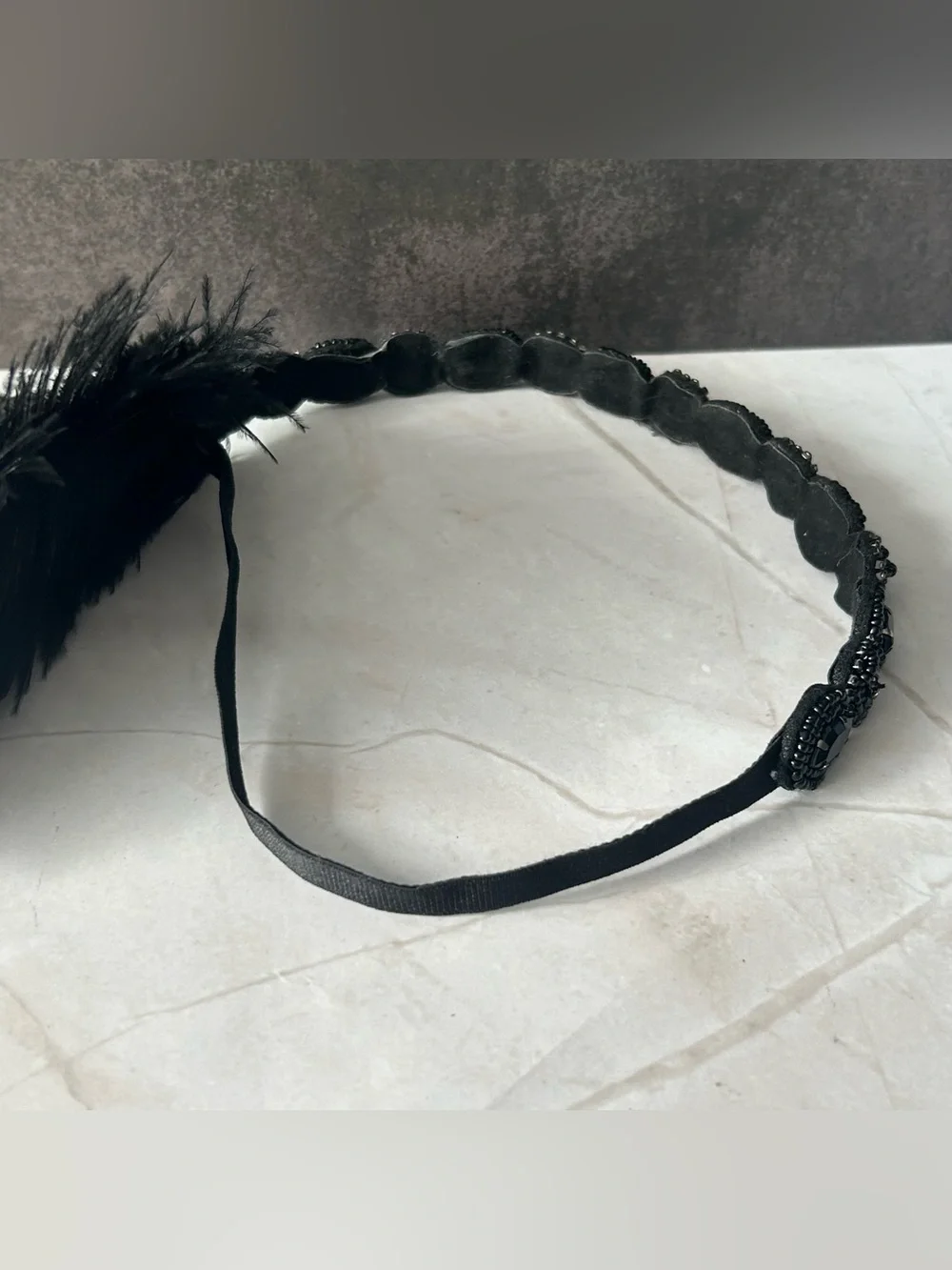 Black Beaded Feather Headband with Peacock Accent